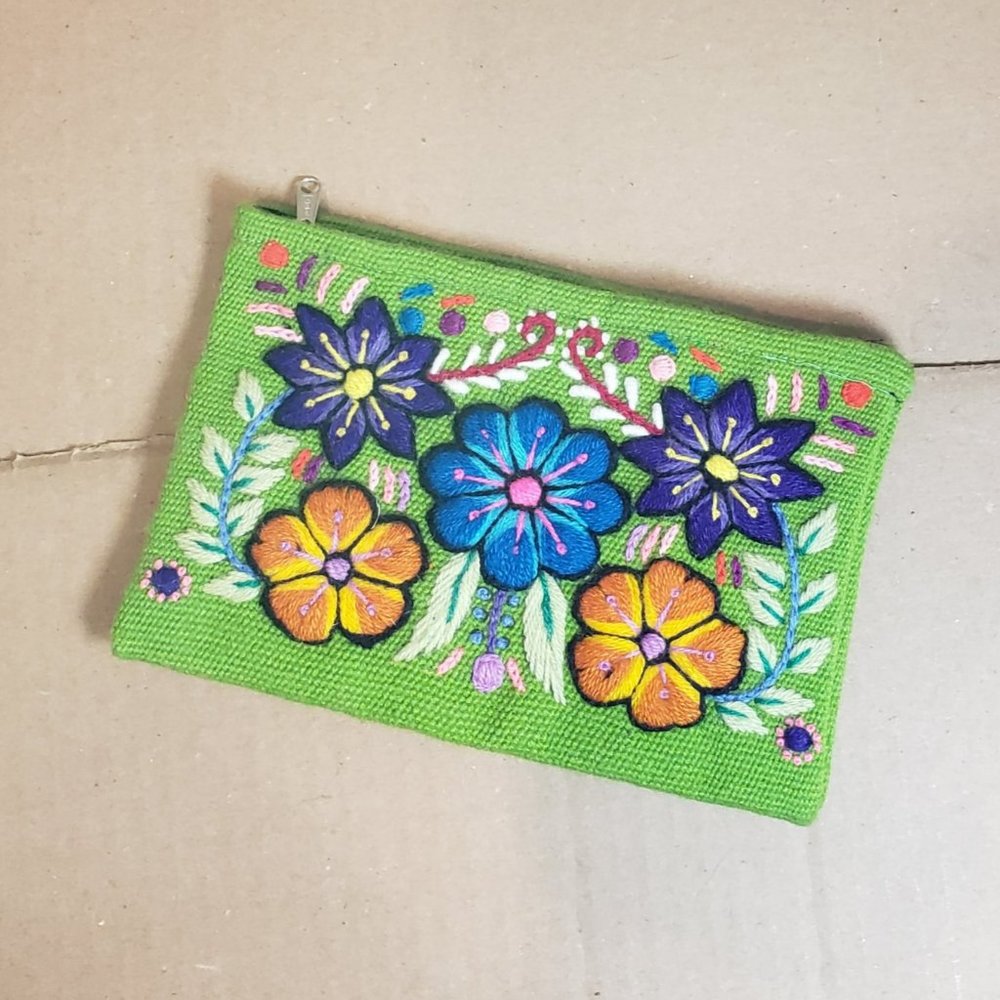 Green Hand Made Embroidered Floral Cosmetic Ba